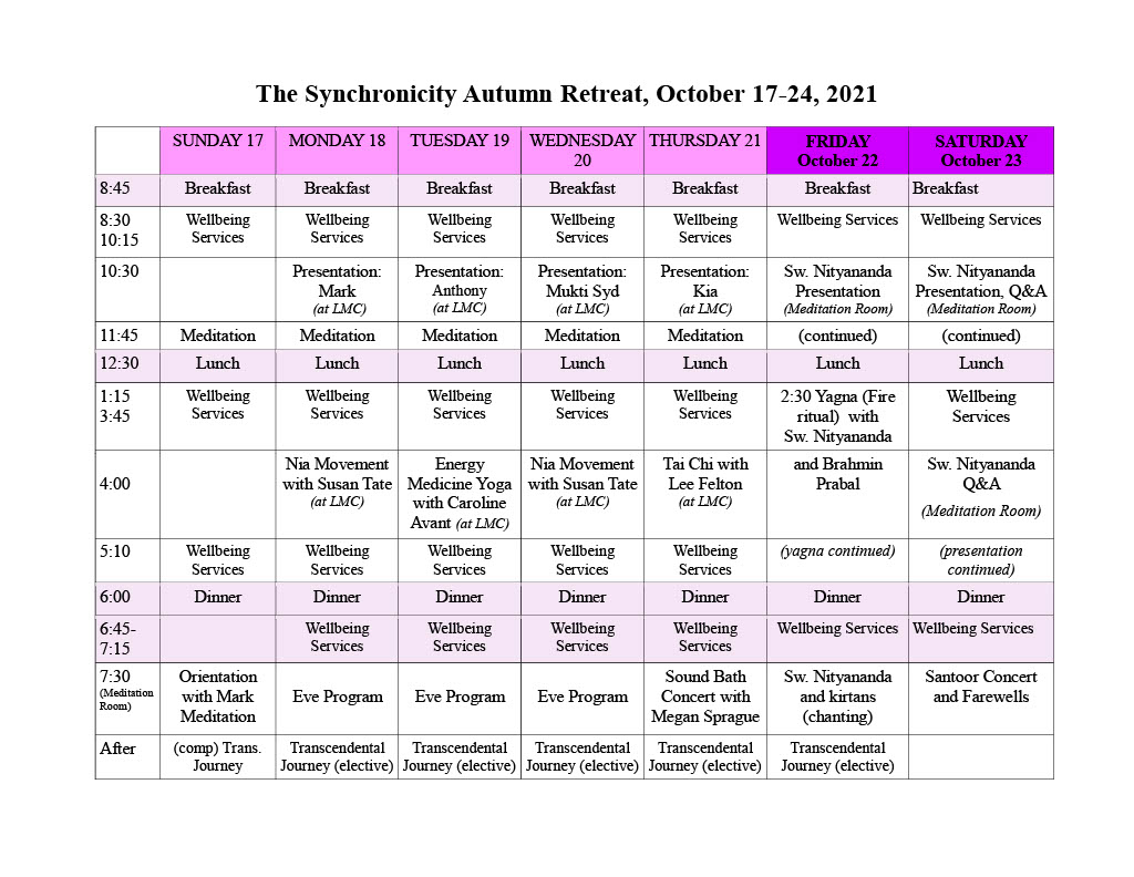 Guest schedule for the Autumn Retreat 2021