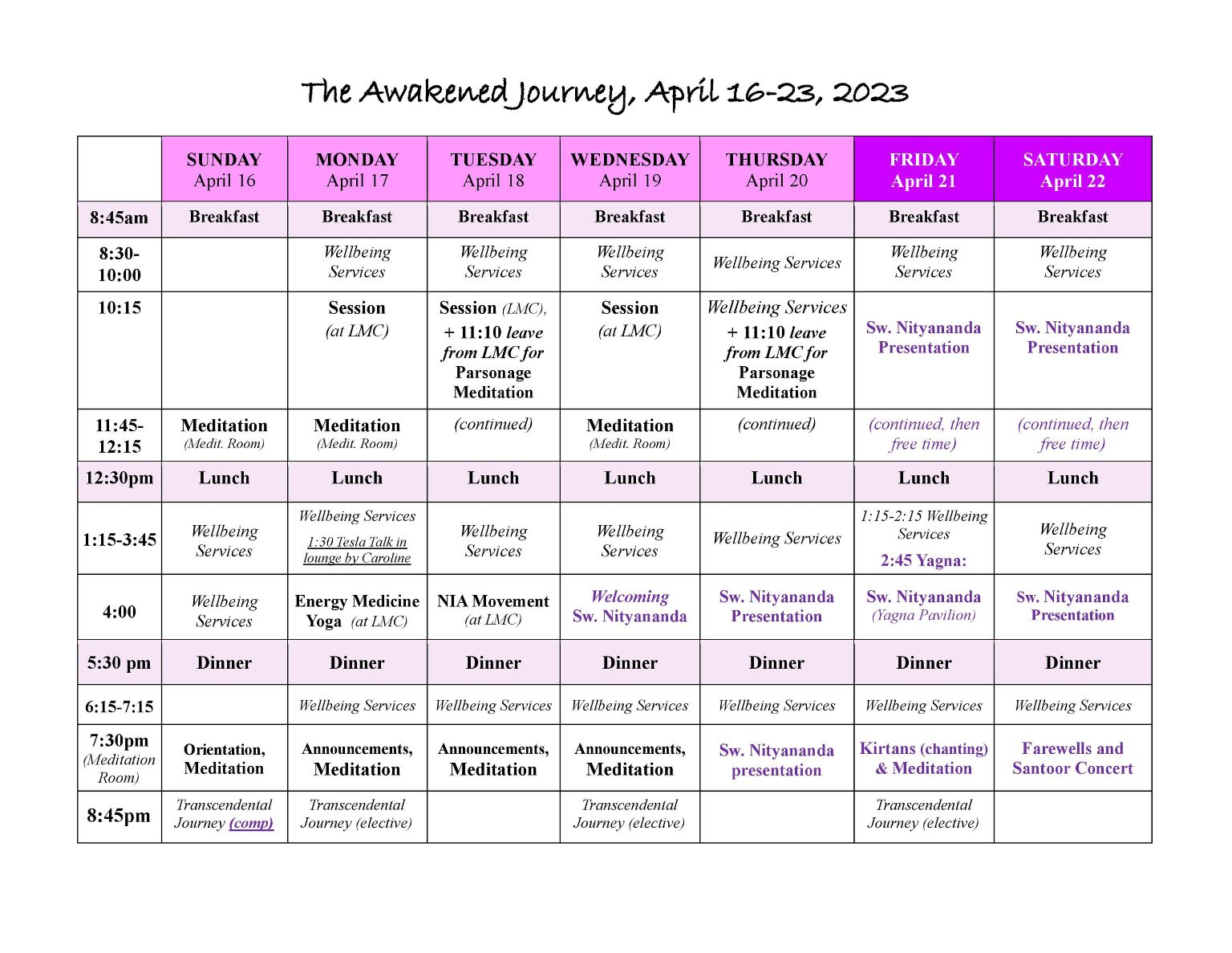 Retreat Schedule April 2023