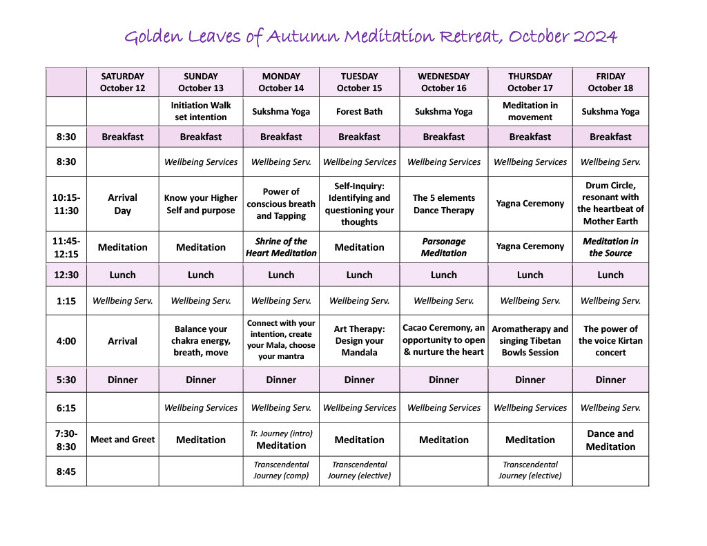 Guest Schedule for Golden Leaves of Autumn Meditation Retreat in October 2024