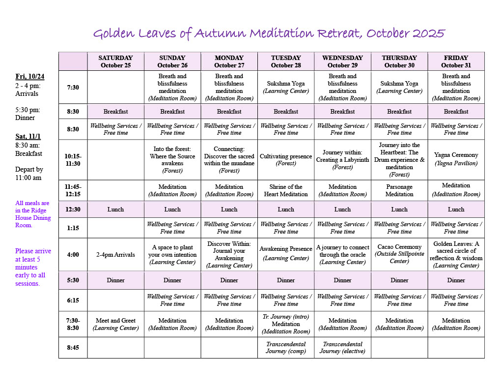 Document that shows the guest schedule with all the events and times for the retreat.