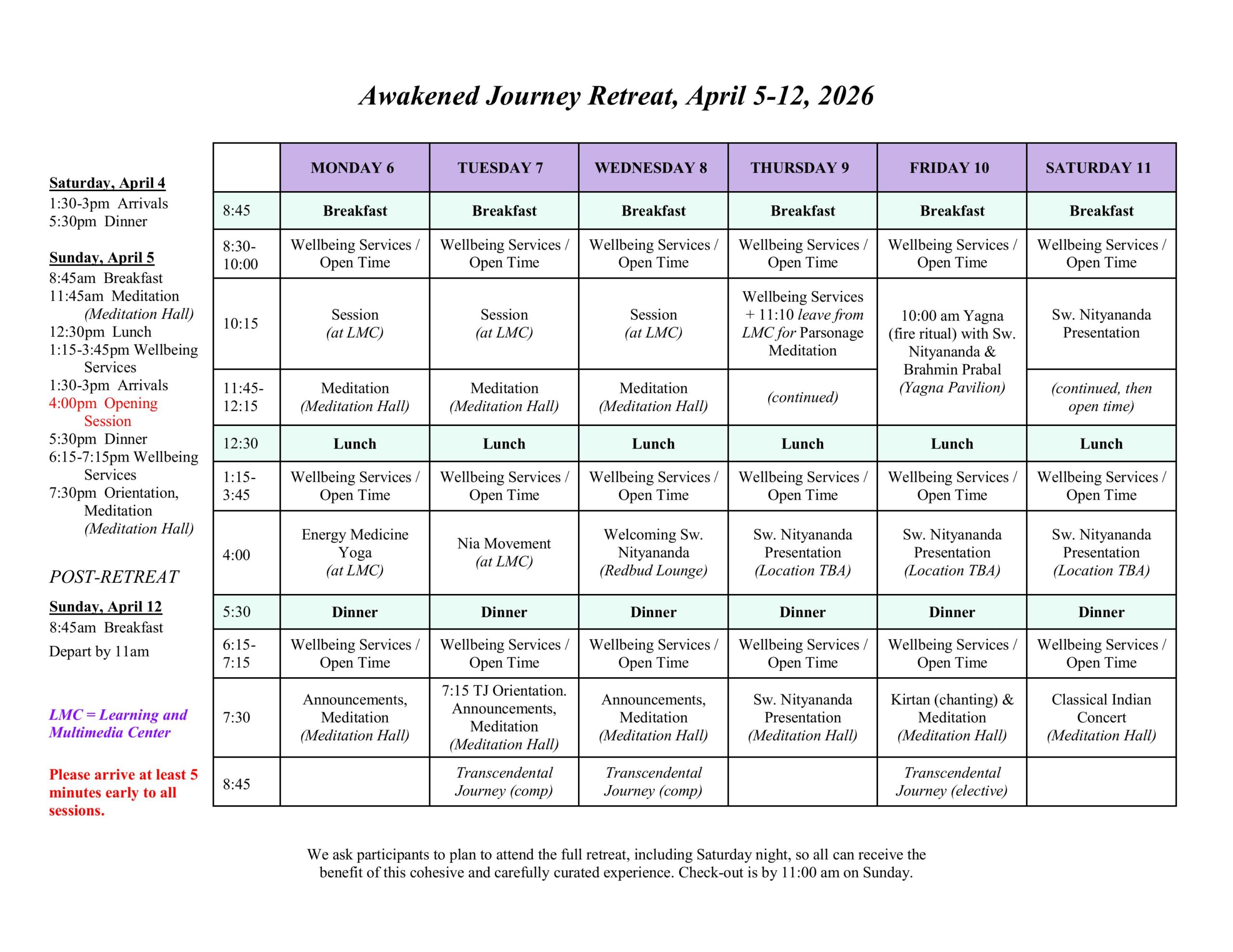 Document that shows the guest schedule with all the events and times for the retreat.