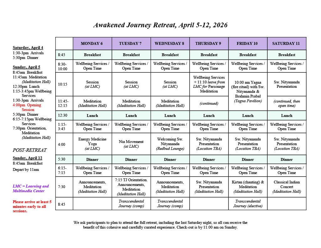 Document that shows the guest schedule with all the events and times for the retreat.