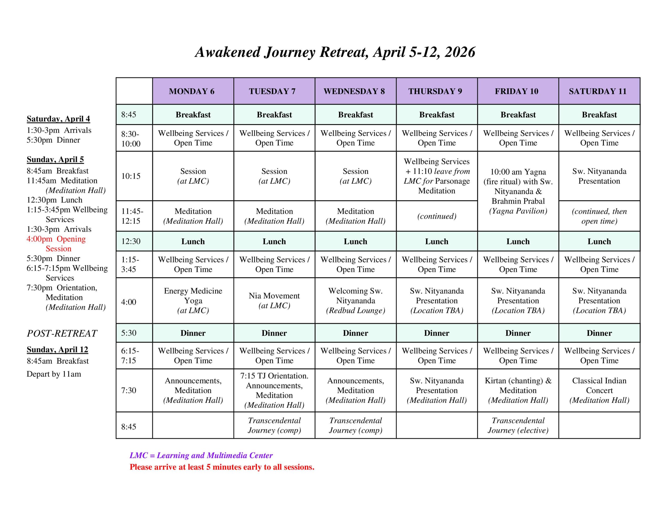 Document that shows the guest schedule with all the events and times for the retreat.