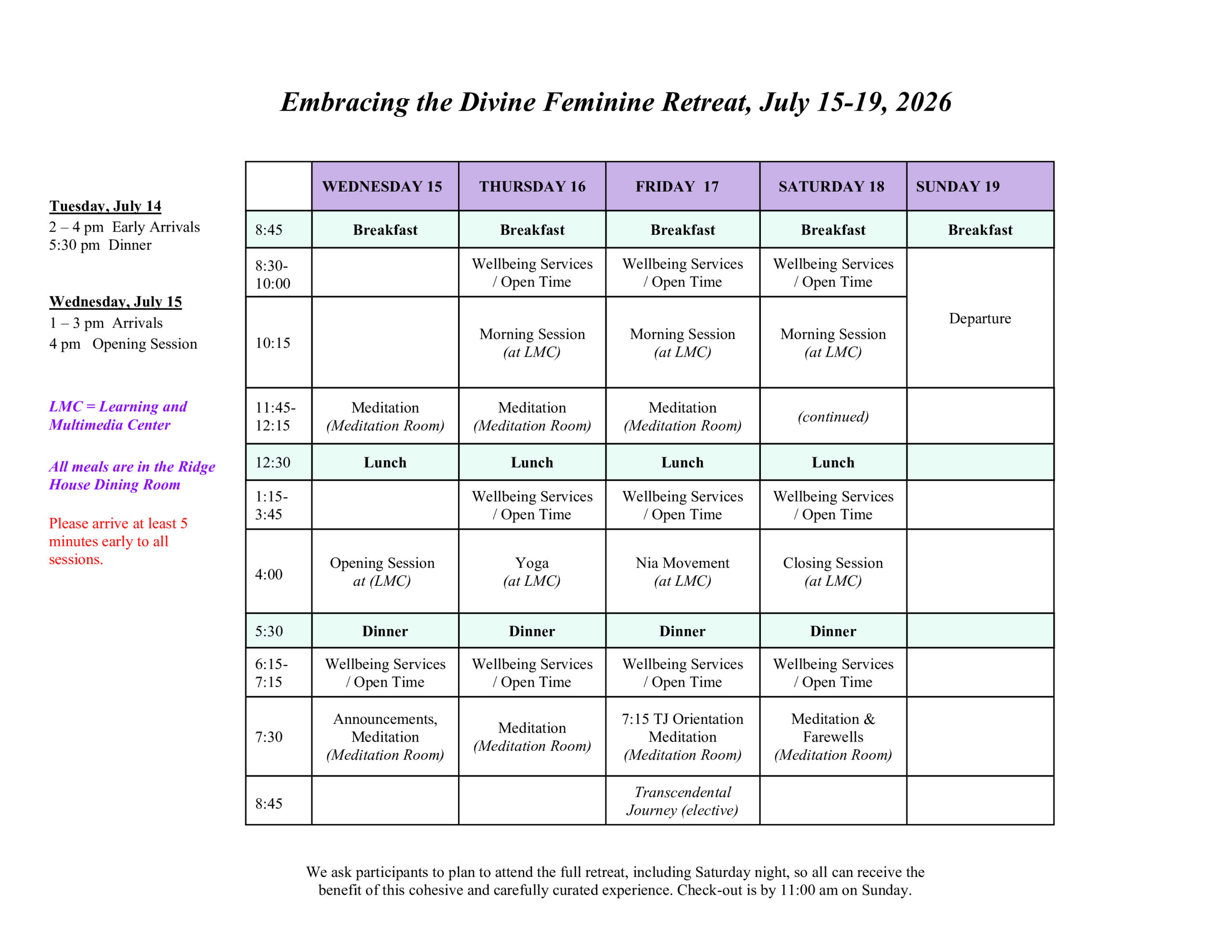 Guest schedule for the Embracing the Divine Feminine Retreat