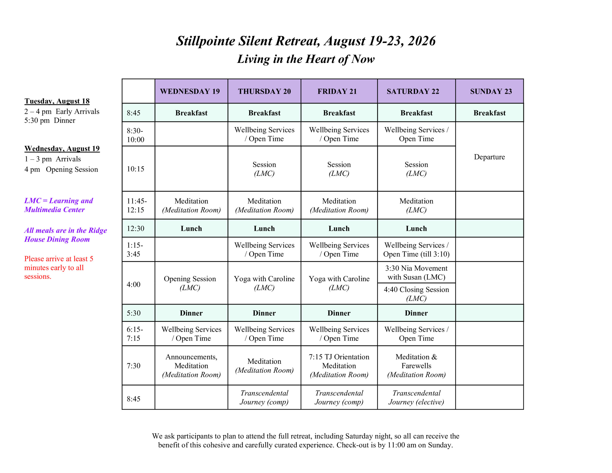 Guest schedule for Stillpointe Silent Retreat