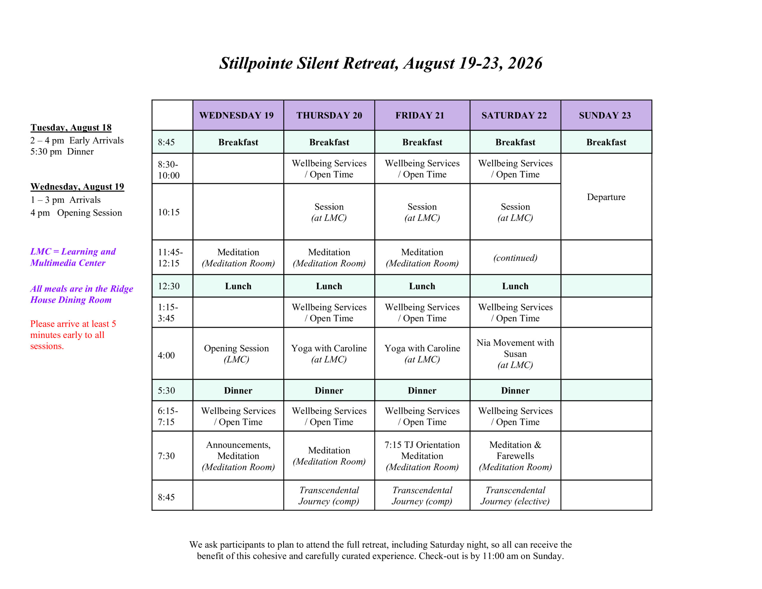 Guest schedule for Stillpointe Silent Retreat
