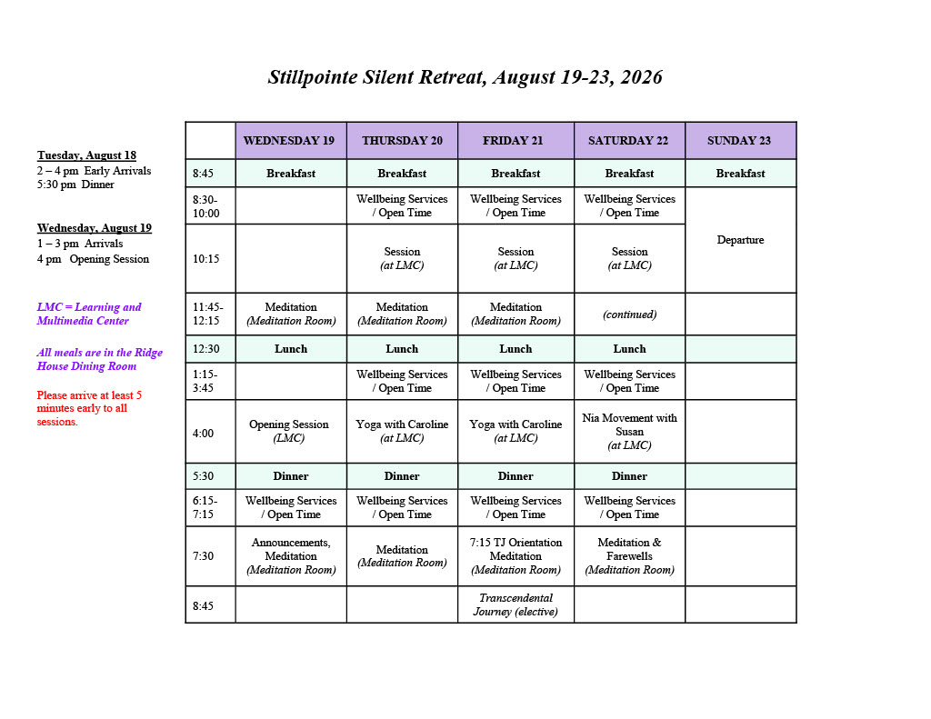 Guest schedule for Stillpointe Silent Retreat